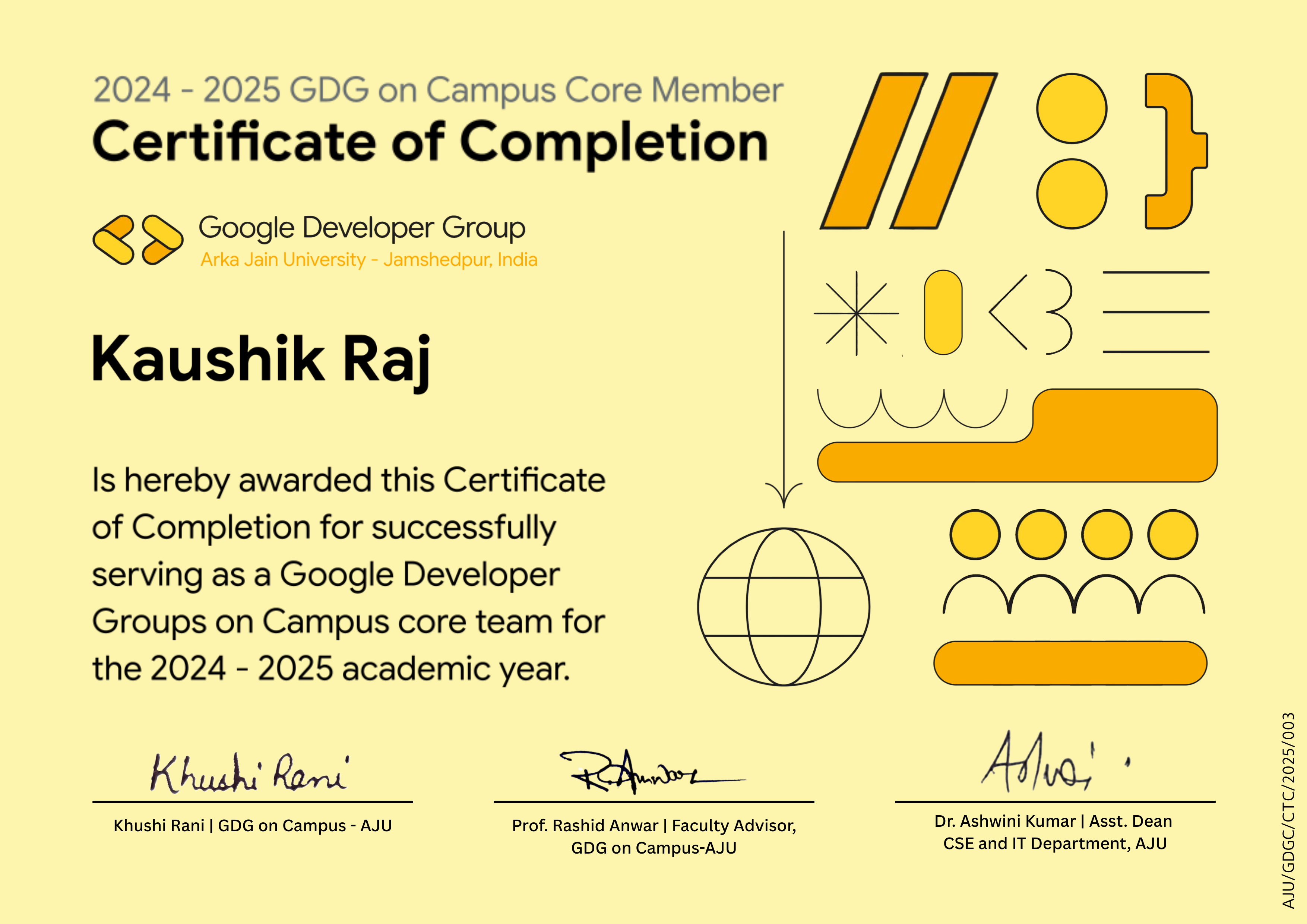 Kaushik Raj GDSC 2024-25 Certificates for Core Member